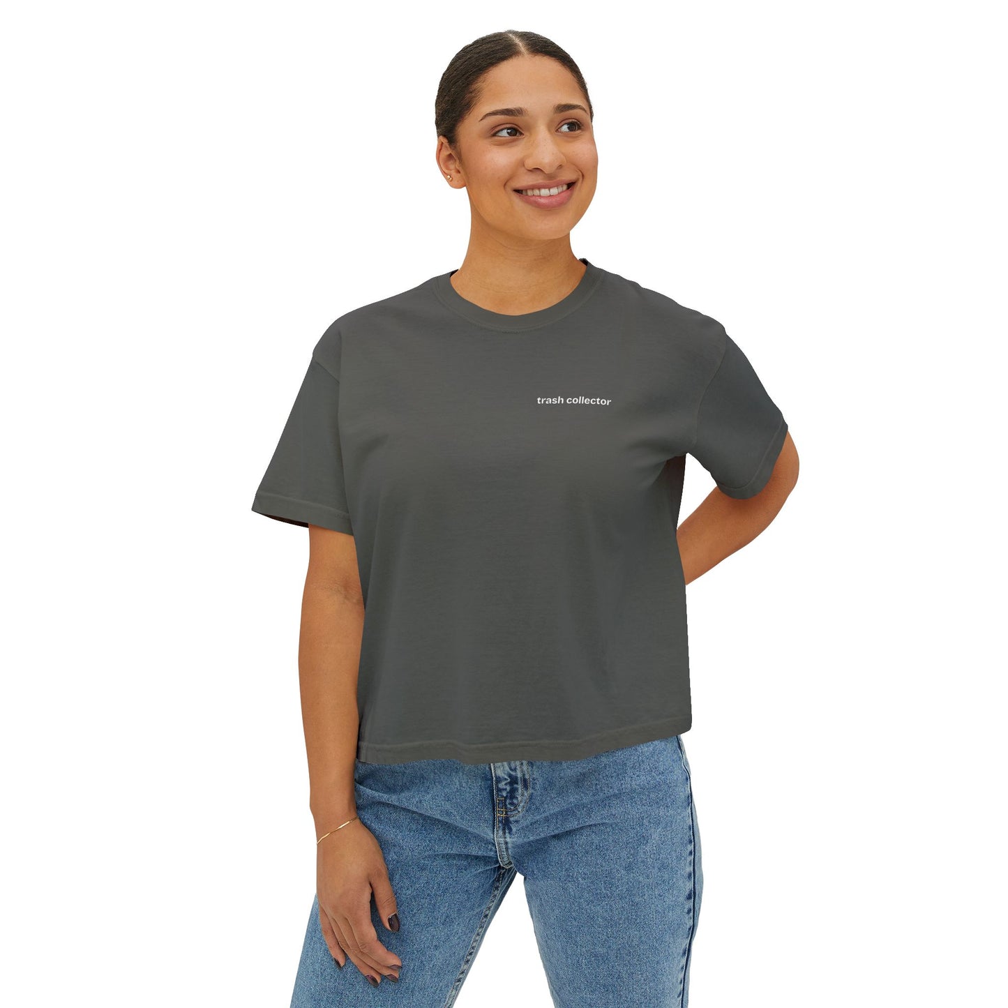 Trash Collector Tee | Boxy Crop T-Shirt, minimalist script across chest and back