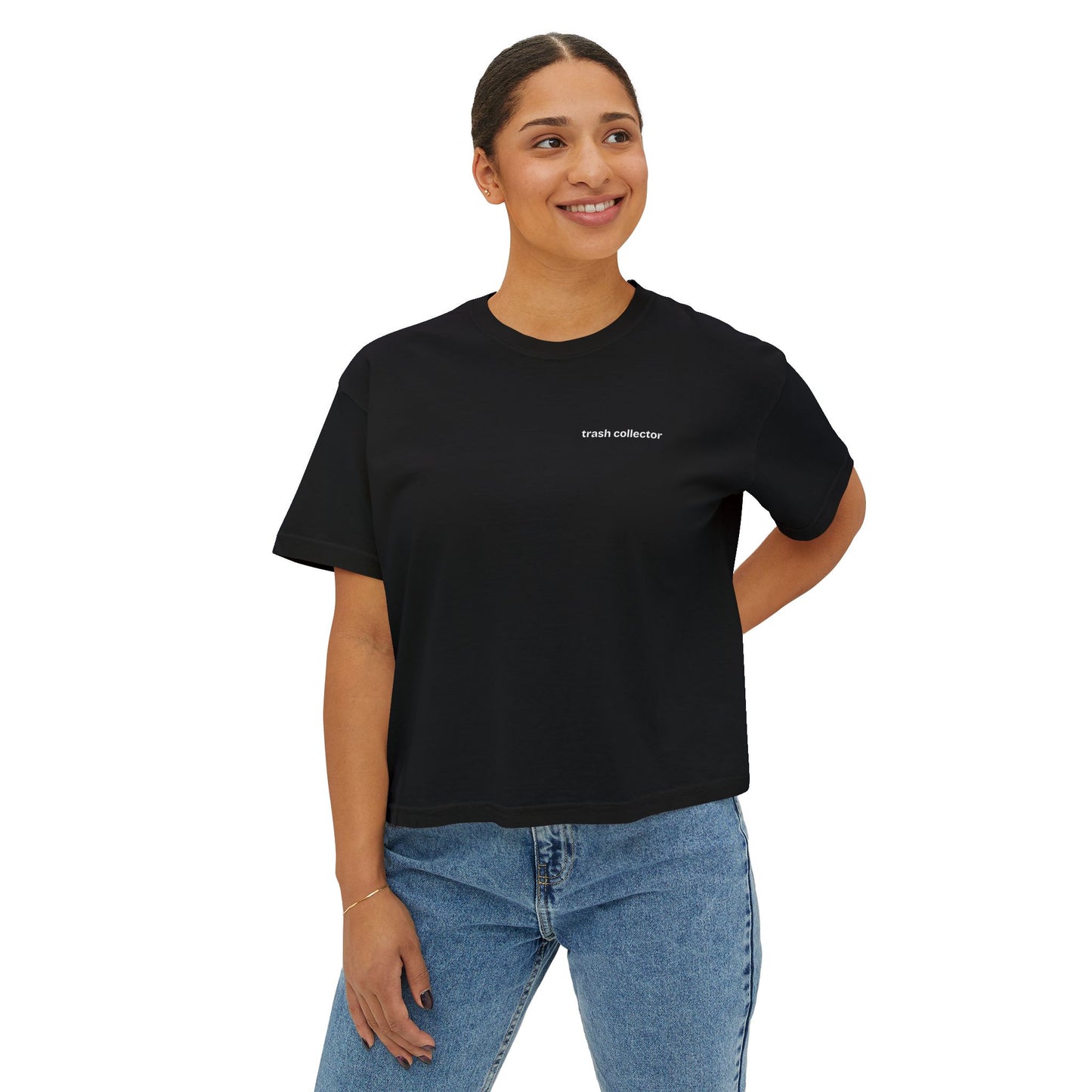 Trash Collector Tee | Boxy Crop T-Shirt, minimalist script across chest and back